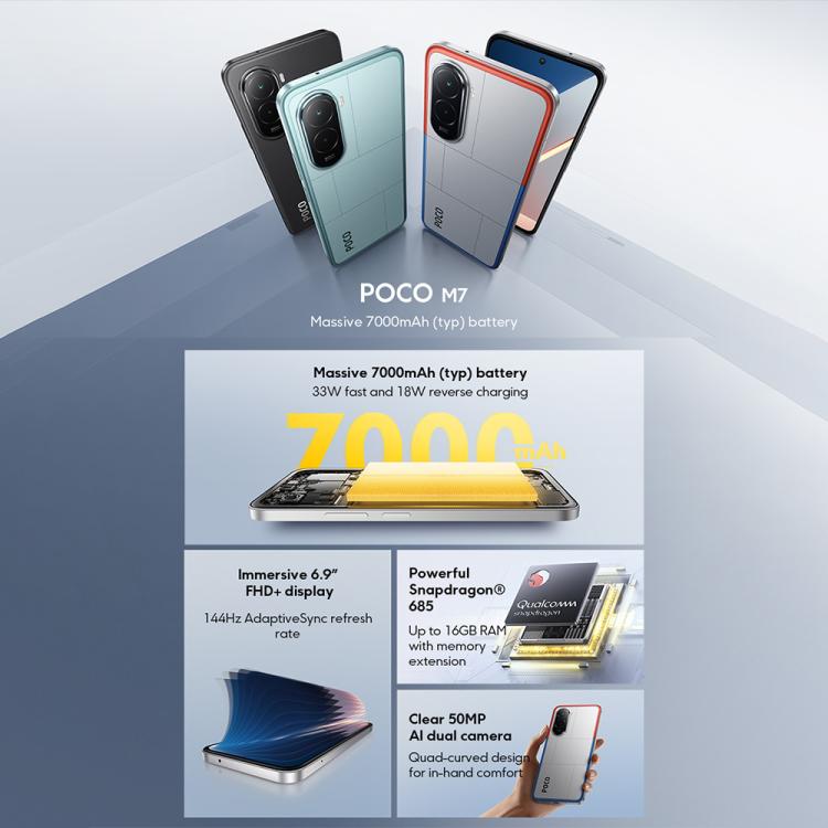 Xiaomi POCO M7 Global, 6GB+128GB, Side Fingerprint, 6.9 inch Xiaomi HyperOS 2 Snapdragon 685 4G Octa Core, NFC, Network: 4G, 6GB+128GB