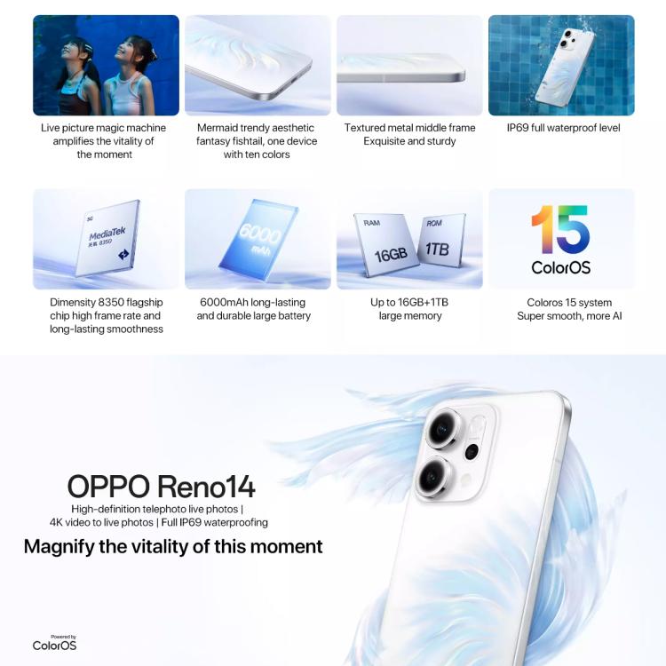 OPPO Reno14 AI Phone, 12GB+512GB, Screen Fingerprint, 6.59 inch ColorOS 15.0 Dimensity 8350 Octa Core, NFC, OTG, Network: 5G, 12GB+512GB
