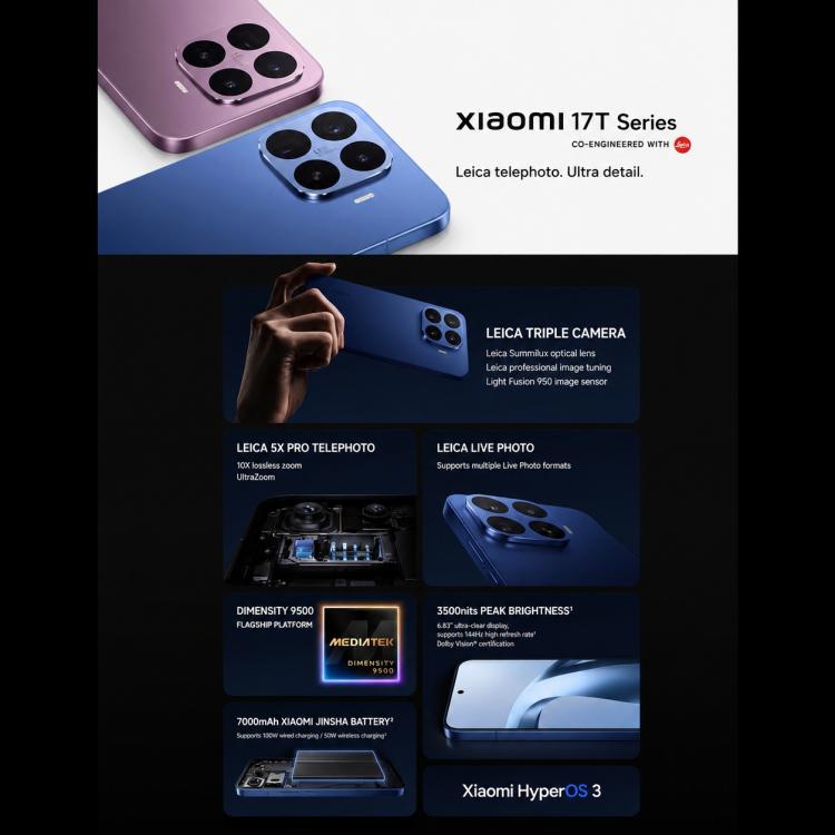 Xiaomi 17T Pro, 12GB+256GB, Screen Fingerprint, 6.83 inch Xiaomi HyperOS 3 Dimensity 9500 Octa-Core, NFC, Network: 5G, 12GB+256GB