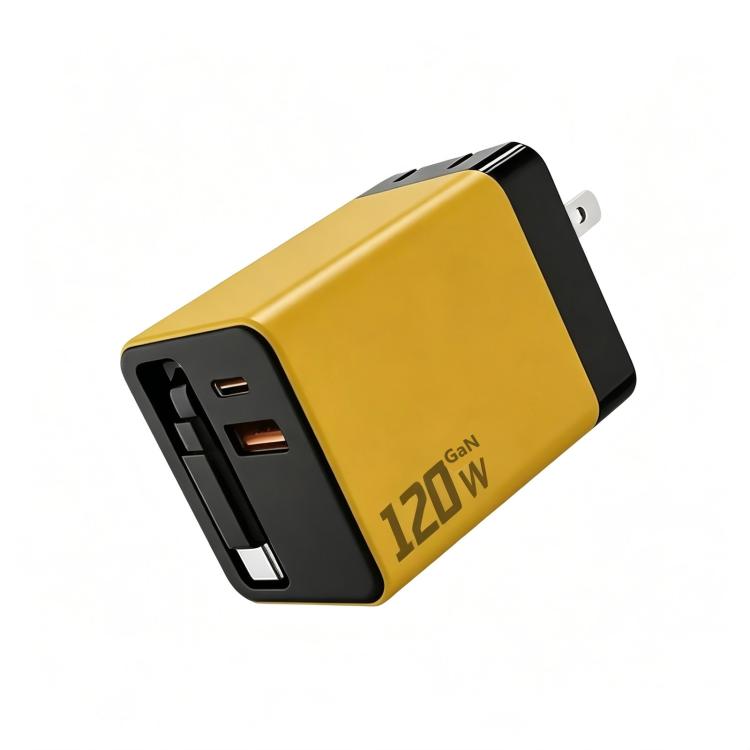 120W GaN Wall Charger with Built-in Retractable USB-C Cable 3-Port Fast Charging Block, US Plug, EU Plug, UK Plug