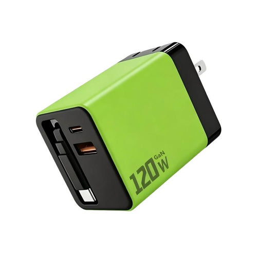 120W GaN Wall Charger with Built-in Retractable USB-C Cable 3-Port Fast Charging Block, US Plug, EU Plug, UK Plug