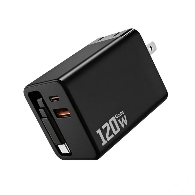 120W GaN Wall Charger with Built-in Retractable USB-C Cable 3-Port Fast Charging Block, US Plug, EU Plug, UK Plug