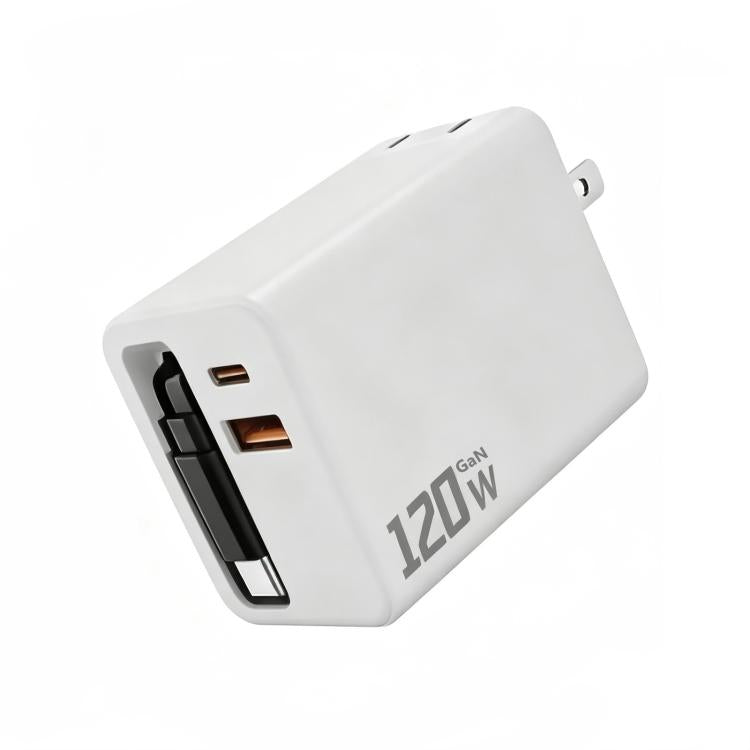 120W GaN Wall Charger with Built-in Retractable USB-C Cable 3-Port Fast Charging Block, US Plug, EU Plug, UK Plug