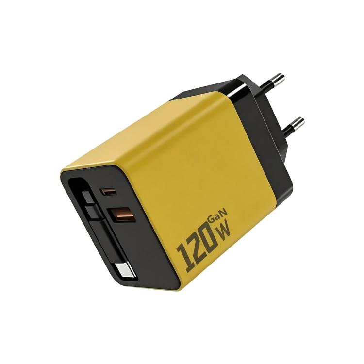 120W GaN Wall Charger with Built-in Retractable USB-C Cable 3-Port Fast Charging Block, US Plug, EU Plug, UK Plug