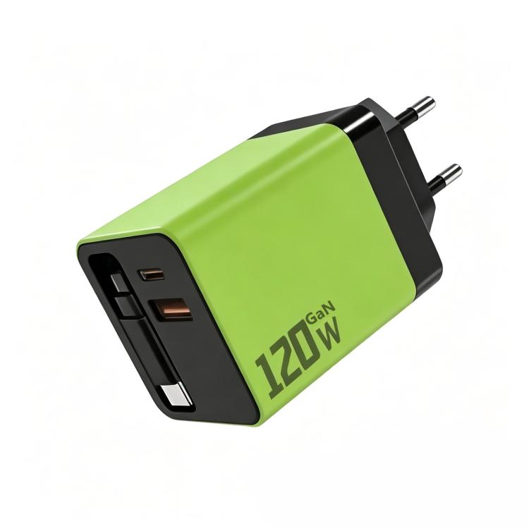 120W GaN Wall Charger with Built-in Retractable USB-C Cable 3-Port Fast Charging Block, US Plug, EU Plug, UK Plug