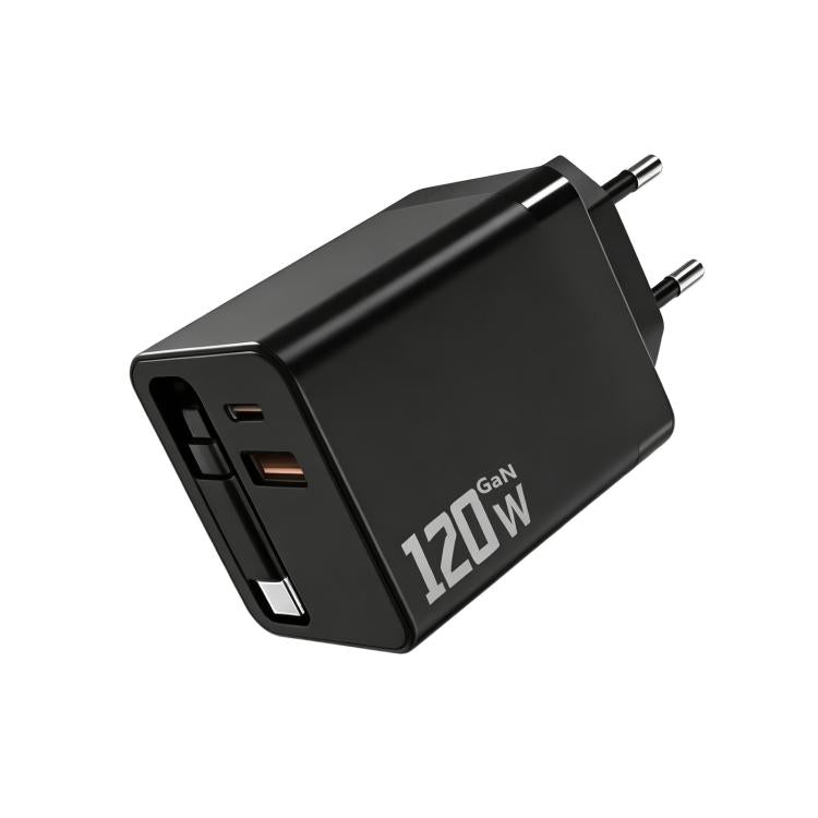 120W GaN Wall Charger with Built-in Retractable USB-C Cable 3-Port Fast Charging Block, US Plug, EU Plug, UK Plug