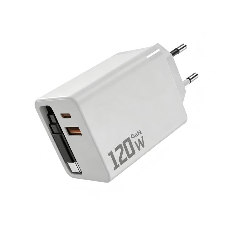 120W GaN Wall Charger with Built-in Retractable USB-C Cable 3-Port Fast Charging Block, US Plug, EU Plug, UK Plug