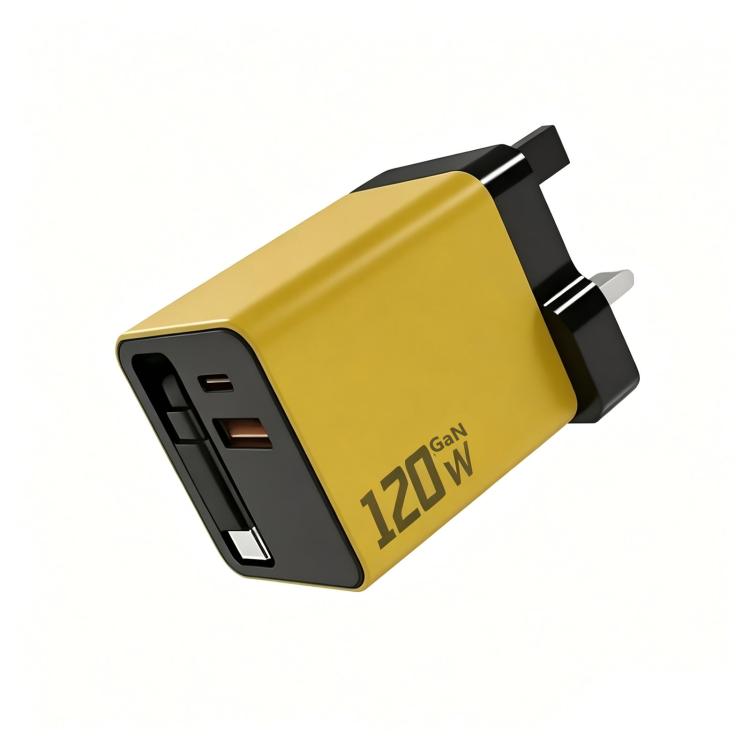 120W GaN Wall Charger with Built-in Retractable USB-C Cable 3-Port Fast Charging Block, US Plug, EU Plug, UK Plug