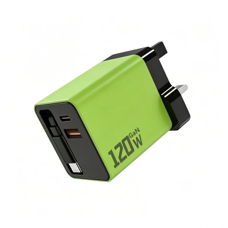 120W GaN Wall Charger with Built-in Retractable USB-C Cable 3-Port Fast Charging Block, US Plug, EU Plug, UK Plug