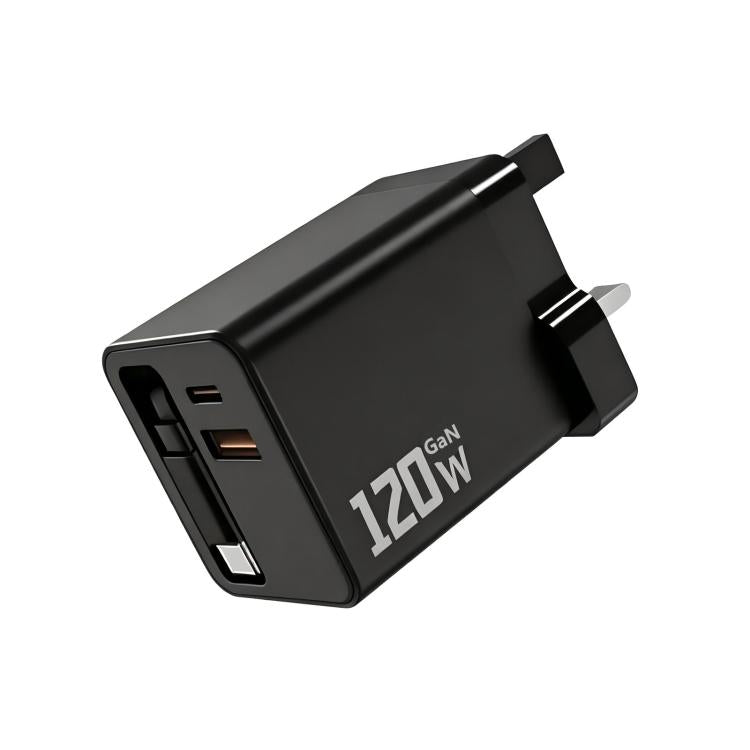 120W GaN Wall Charger with Built-in Retractable USB-C Cable 3-Port Fast Charging Block, US Plug, EU Plug, UK Plug