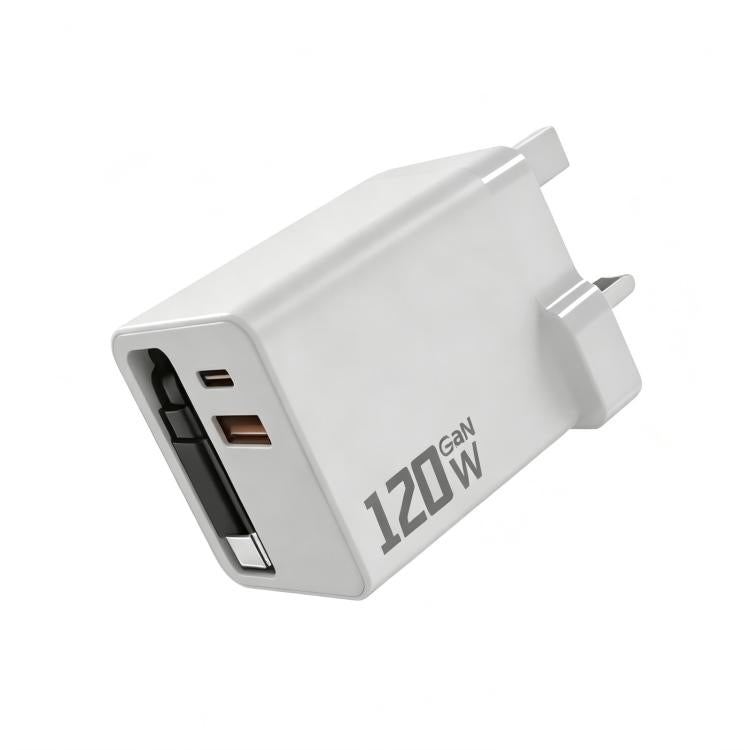 120W GaN Wall Charger with Built-in Retractable USB-C Cable 3-Port Fast Charging Block, US Plug, EU Plug, UK Plug