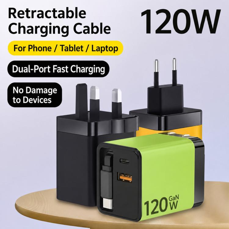 120W GaN Wall Charger with Built-in Retractable USB-C Cable 3-Port Fast Charging Block, US Plug, EU Plug, UK Plug