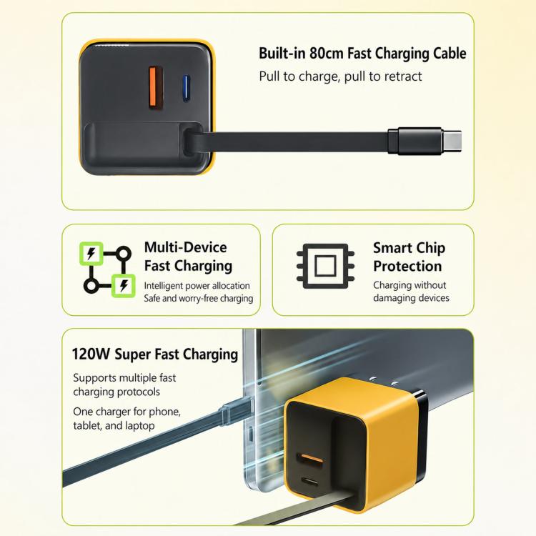 120W GaN Wall Charger with Built-in Retractable USB-C Cable 3-Port Fast Charging Block, US Plug, EU Plug, UK Plug