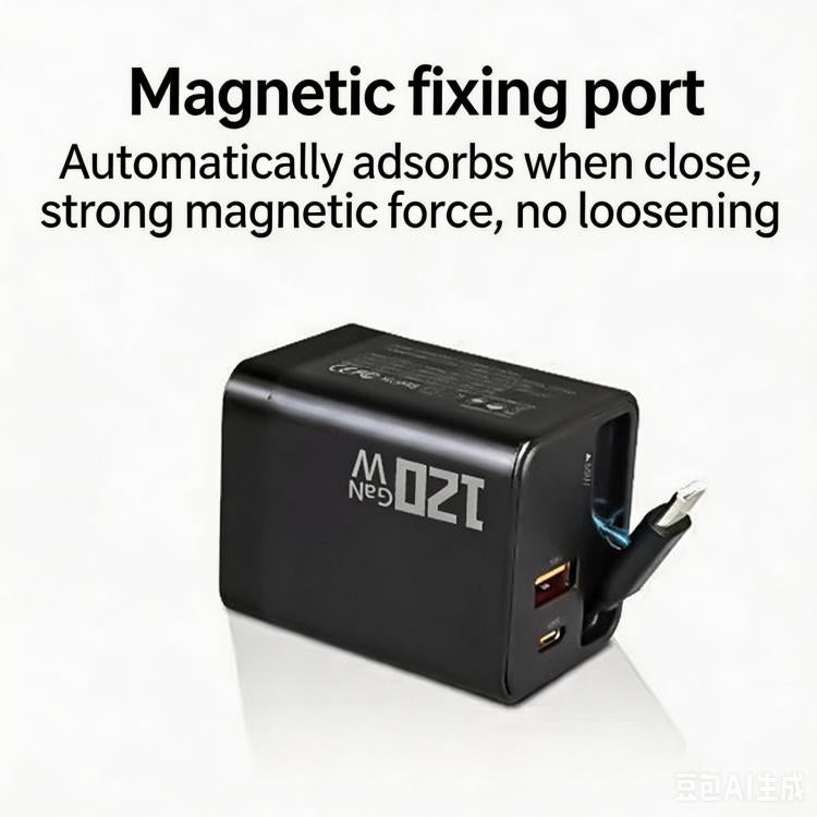 120W GaN Wall Charger with Built-in Retractable USB-C Cable 3-Port Fast Charging Block, US Plug, EU Plug, UK Plug