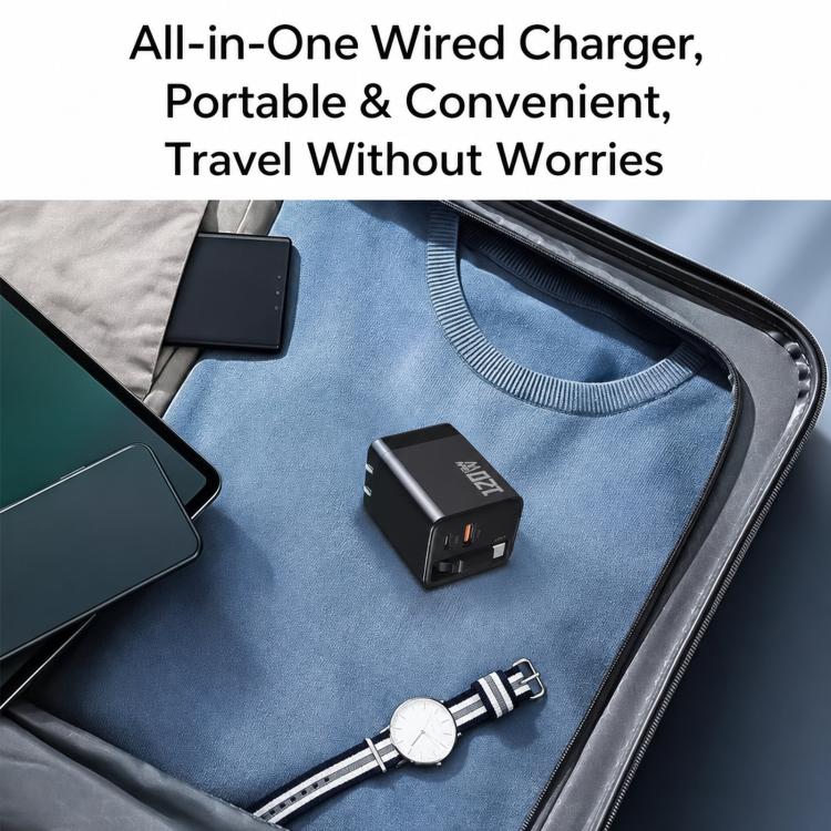 120W GaN Wall Charger with Built-in Retractable USB-C Cable 3-Port Fast Charging Block, US Plug, EU Plug, UK Plug