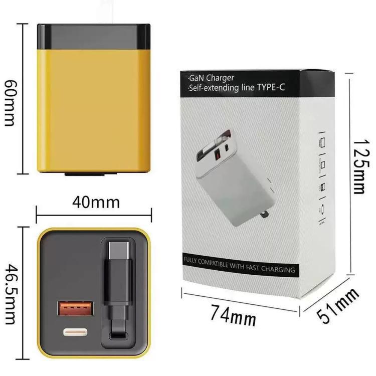 120W GaN Wall Charger with Built-in Retractable USB-C Cable 3-Port Fast Charging Block, US Plug, EU Plug, UK Plug